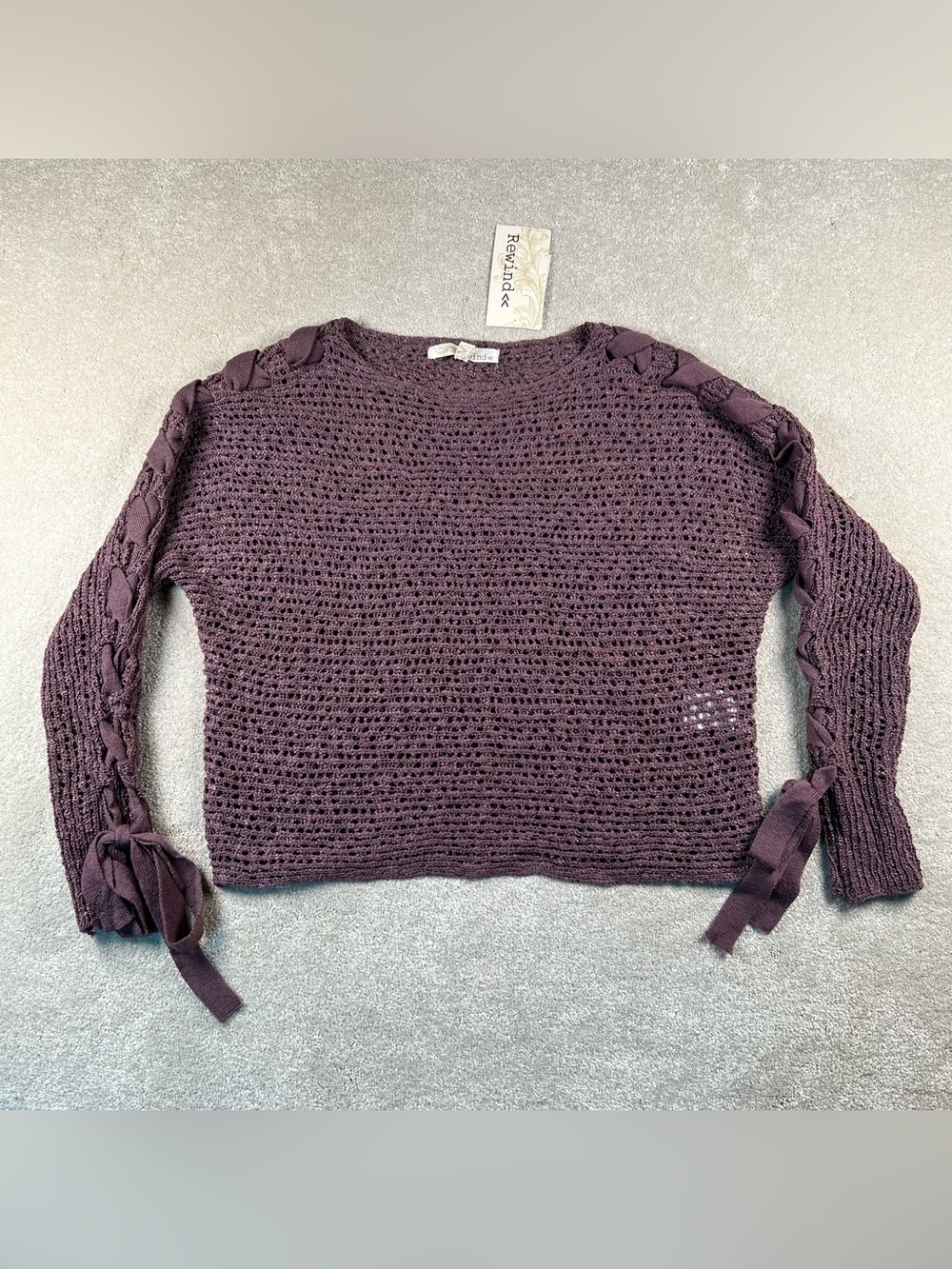 Knit Sweater Lace Up Sleeves See Thru NWT Plum Purple REWIND Crew Women's Small
